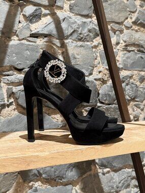 Louis Vuitton Black Suede Platform Madeleine Crystal Logo Heeled Sandals
